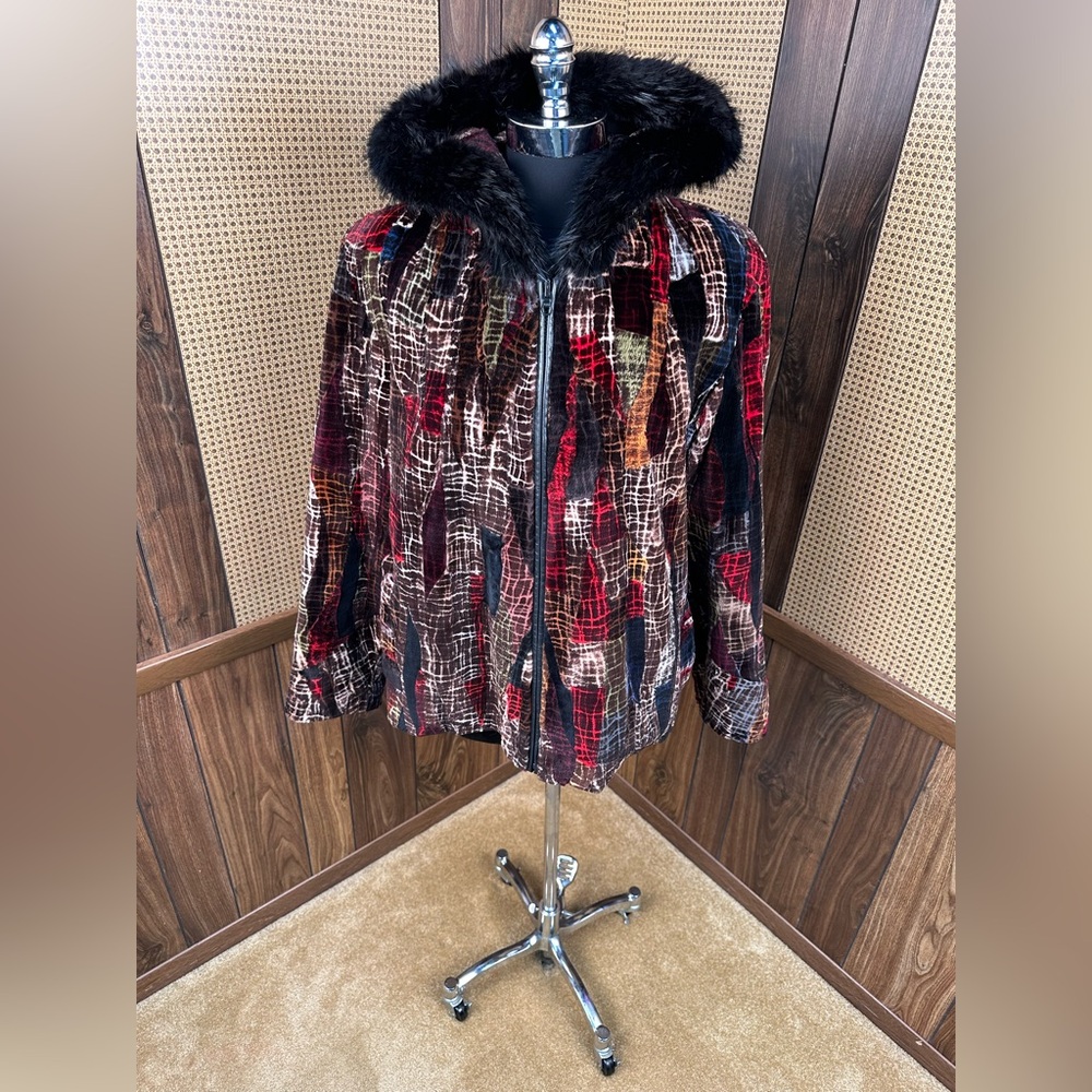 BEAUTIFUL DYED MULTICOLORED SHEARED BEAVER & BEAVER TRIM HOOD FUR COAT JACKET L
